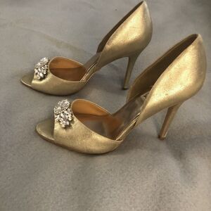 Badgley Mischka Giana Jeweled Crystal Embellished D'Orsay Gold leather Pumps 7.5